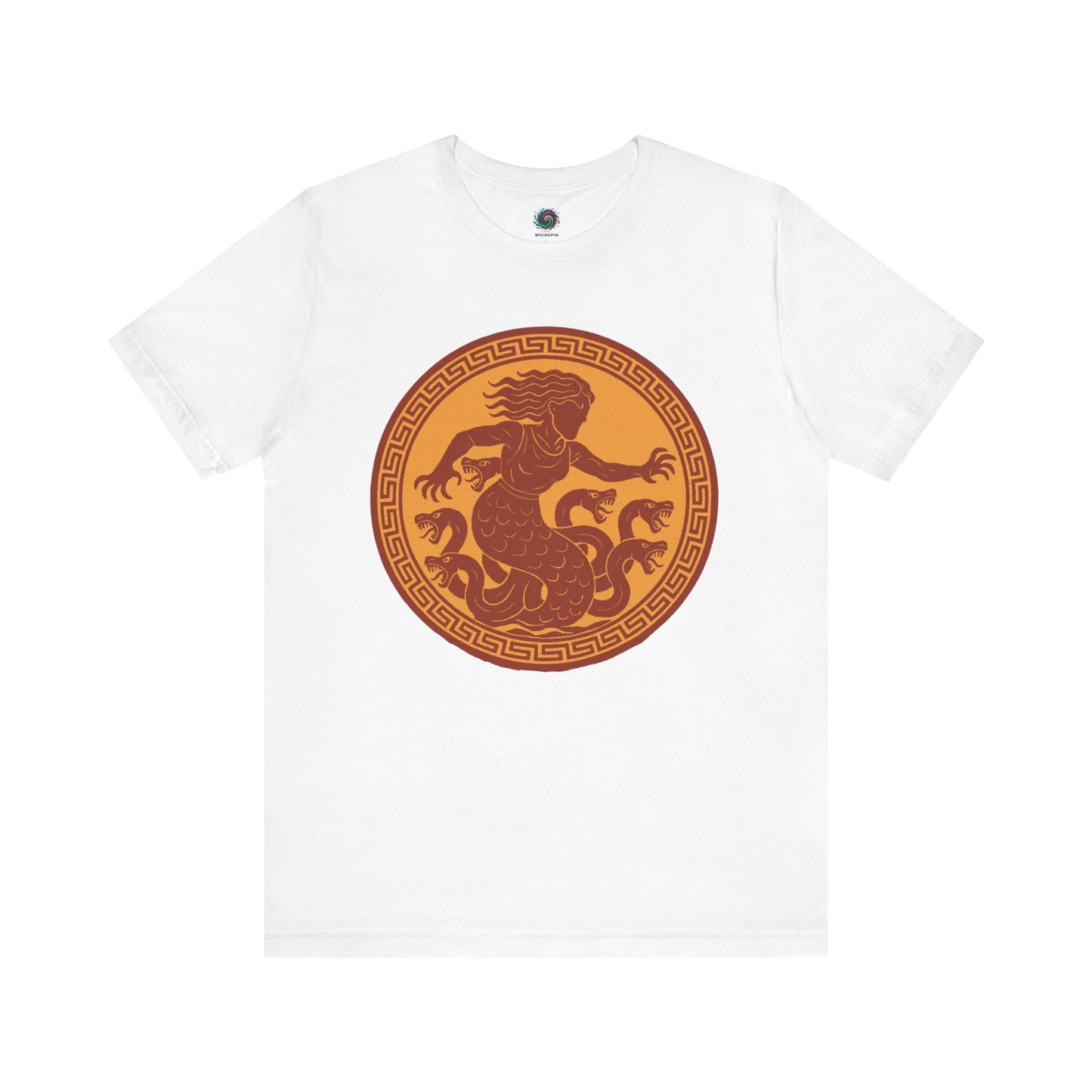 White Scylla Classic Monster T-Shirt – Epic Greek Mythology Tee from the classic Greek Monster Scylla is depicted in the style of a ancient Greek amphora 