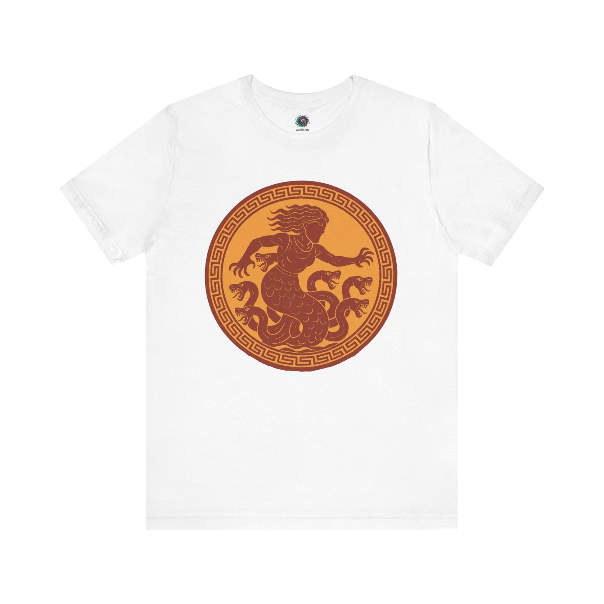 White Scylla Classic Monster T-Shirt – Epic Greek Mythology Tee from the classic Greek Monster Scylla is depicted in the style of a ancient Greek amphora 