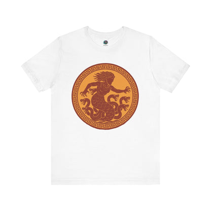 White Scylla Classic Monster T-Shirt – Epic Greek Mythology Tee from the classic Greek Monster Scylla is depicted in the style of a ancient Greek amphora 