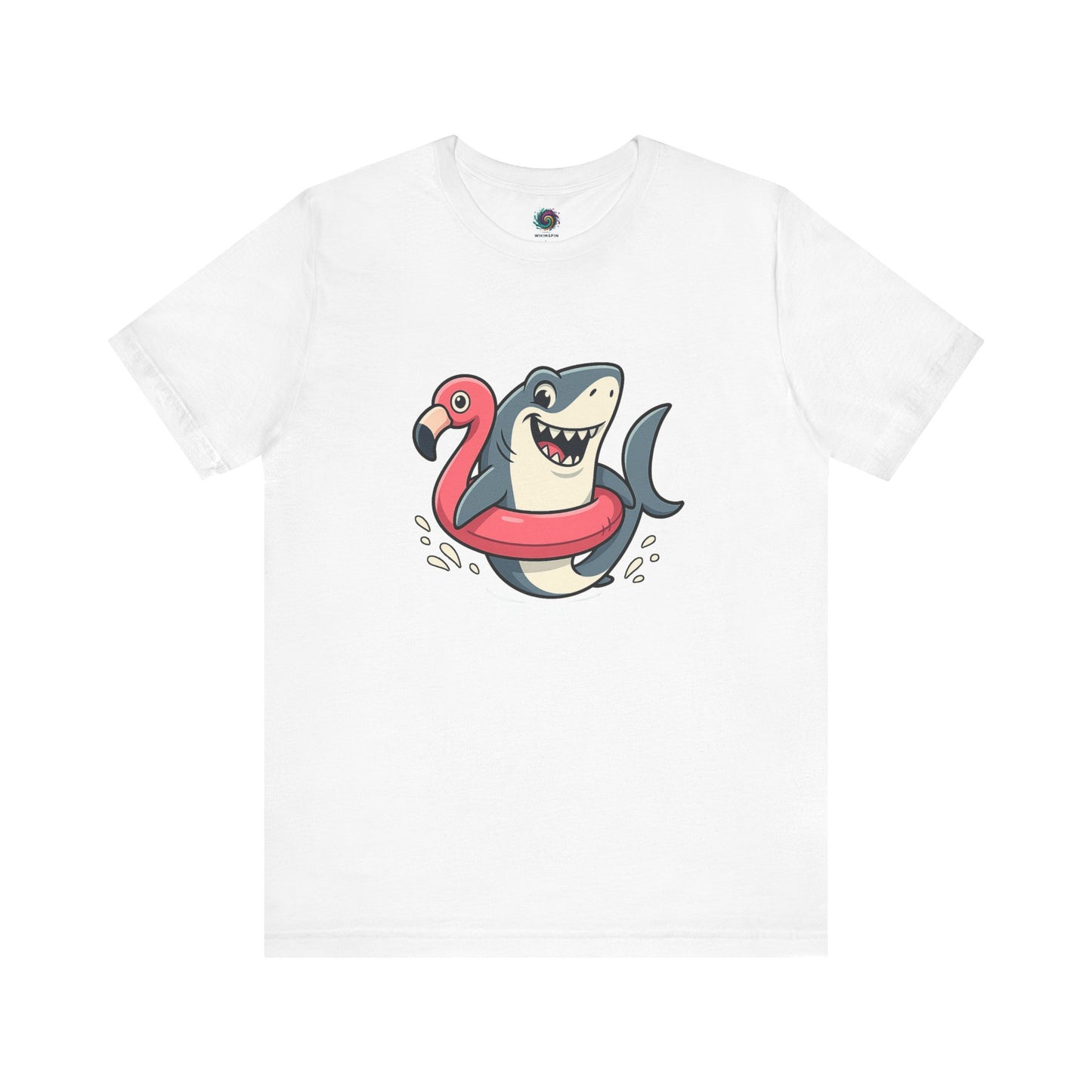 Shark Flamingo Floatie T-Shirt – Funny Beach & Pool Day Tee  White layflat of with shark in pink flamingo float