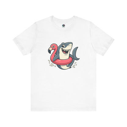 Shark Flamingo Floatie T-Shirt – Funny Beach & Pool Day Tee  White layflat of with shark in pink flamingo float