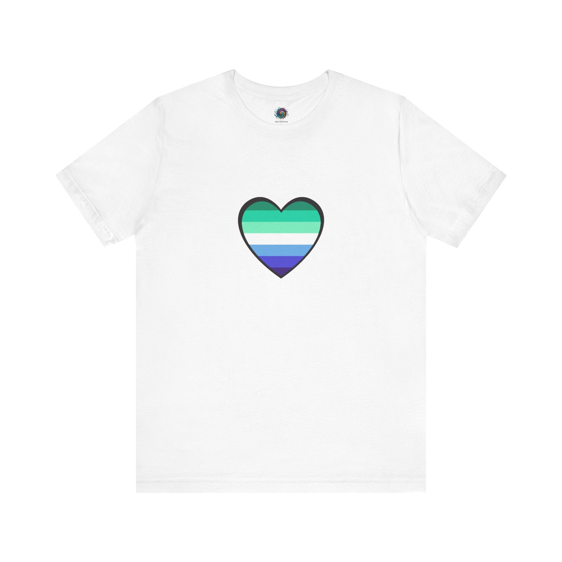 Gay Men's Pride Flag Heart T-Shirt – LGBTQ+ Flag Design on Unisex Tee in white showcasing a colorful gay pride flag heart in blue, green, and white.