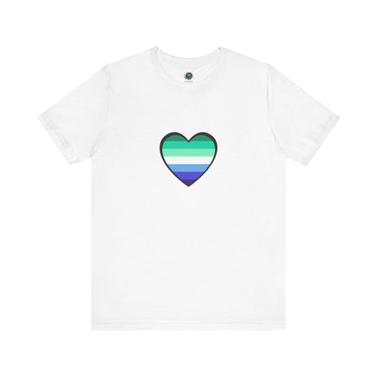 Gay Men's Pride Flag Heart T-Shirt – LGBTQ+ Flag Design on Unisex Tee in white showcasing a colorful gay pride flag heart in blue, green, and white.