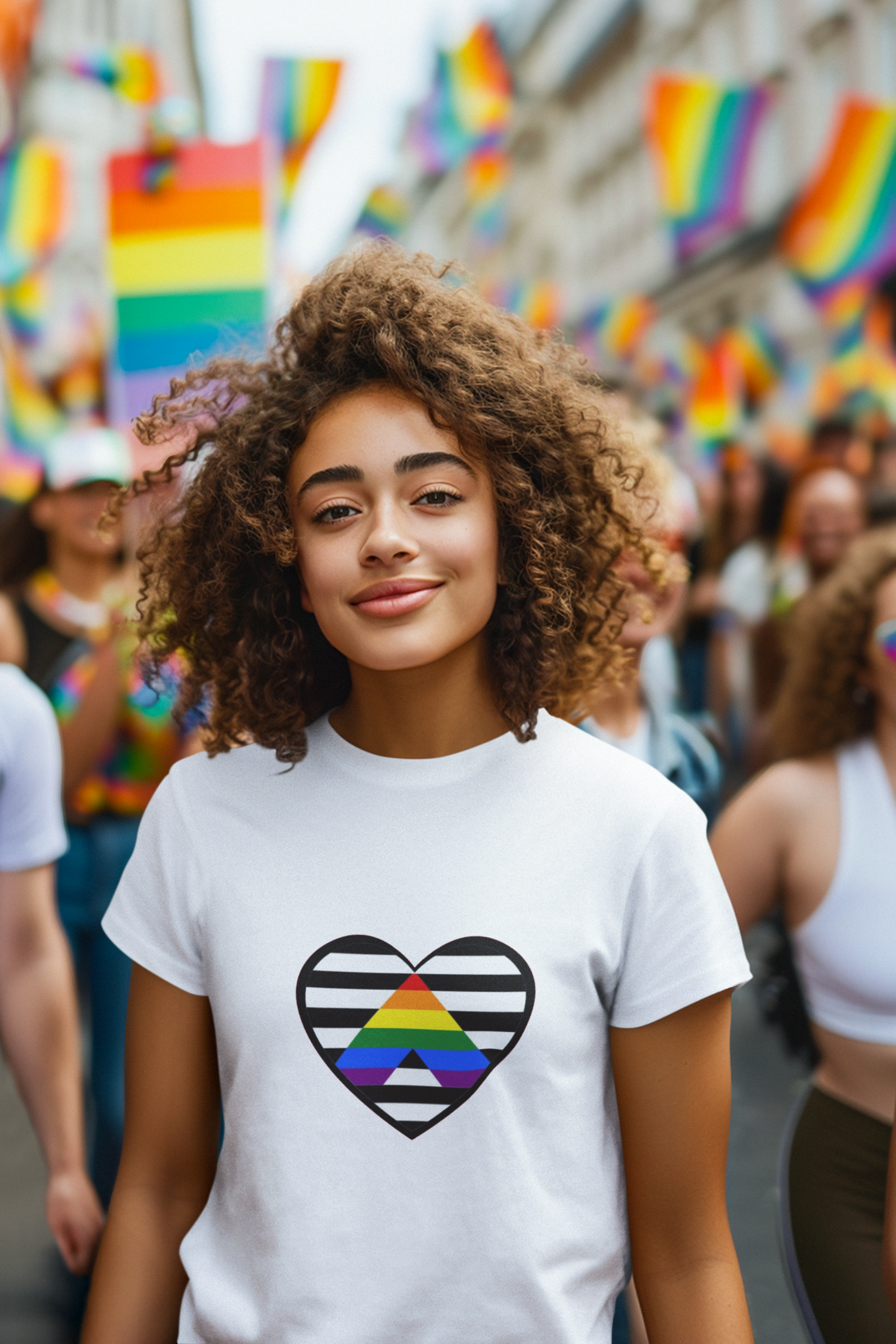 Heart Ally Flag T-Shirt – Subtle LGBTQ+ Support with Bold Pride worn by a woman walking through a pride rally, with rainbow flags in the background and the straight ally heart centered on the shirt to represent allyship and inclusion.