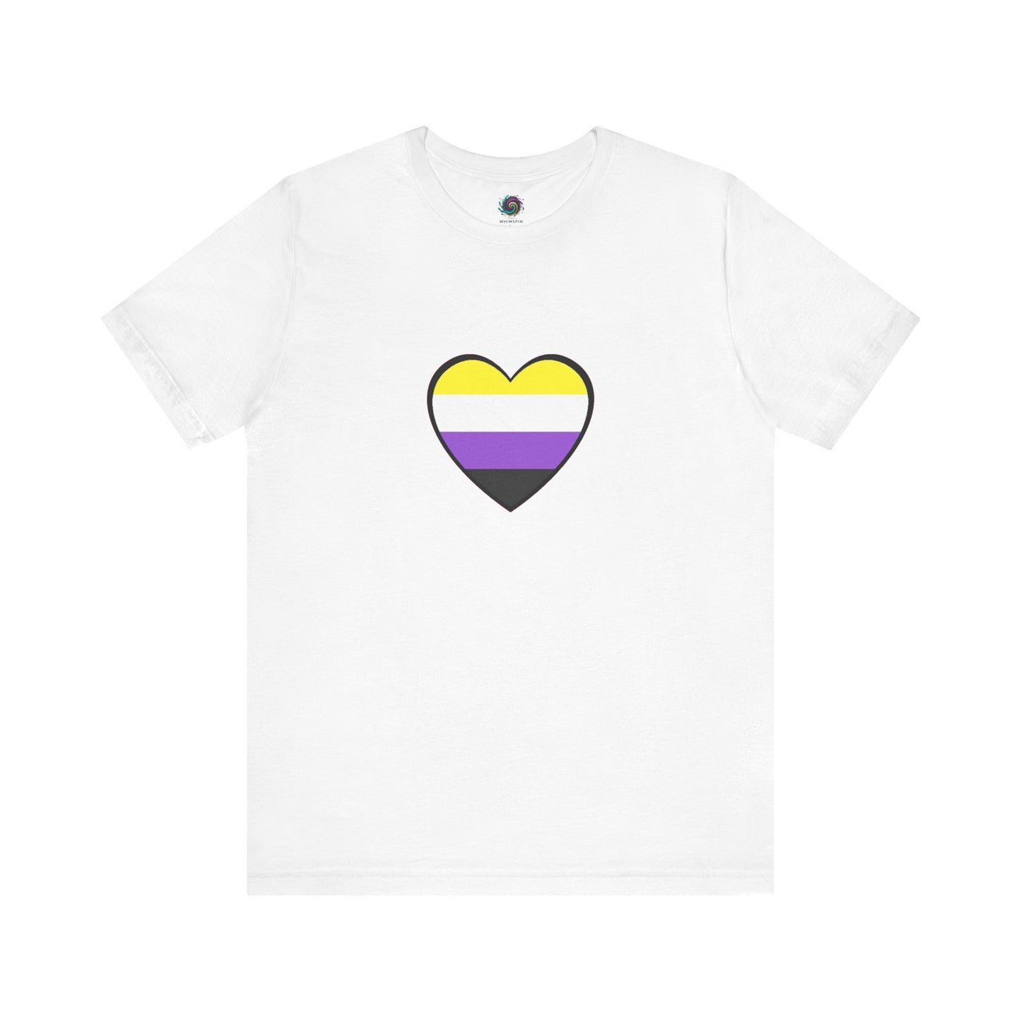 Nonbinary Pride Flag Heart T-Shirt – LGBTQ+ Nonbinary Flag Graphic Tee in crisp white, clean background enhances the clarity of the nonbinary flag heart.