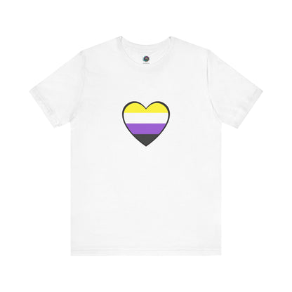 Nonbinary Pride Flag Heart T-Shirt – LGBTQ+ Nonbinary Flag Graphic Tee in crisp white, clean background enhances the clarity of the nonbinary flag heart.