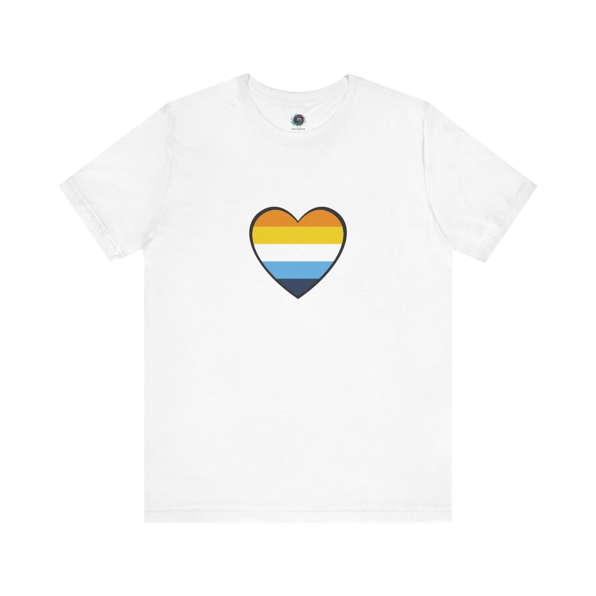 White AroAce Flag Heart T-shirt from WhimSpin. The shirt is white with a heart drawn in the center made up of dark orange, light orange, white, turquoise, and navy blue stripes.