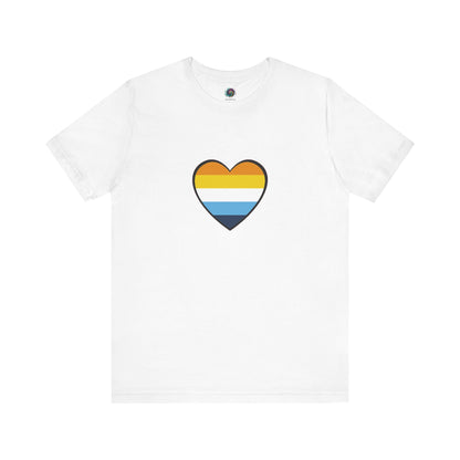 White AroAce Flag Heart T-shirt from WhimSpin. The shirt is white with a heart drawn in the center made up of dark orange, light orange, white, turquoise, and navy blue stripes.