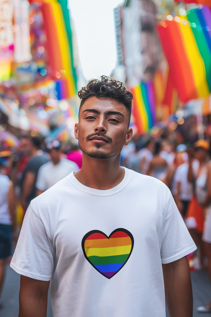 Pride Heart Flag T-Shirt  - Man wearing rainbow heart pride t shirt at a colorful LGBTQ parade, showing support and love in a white unisex tee.