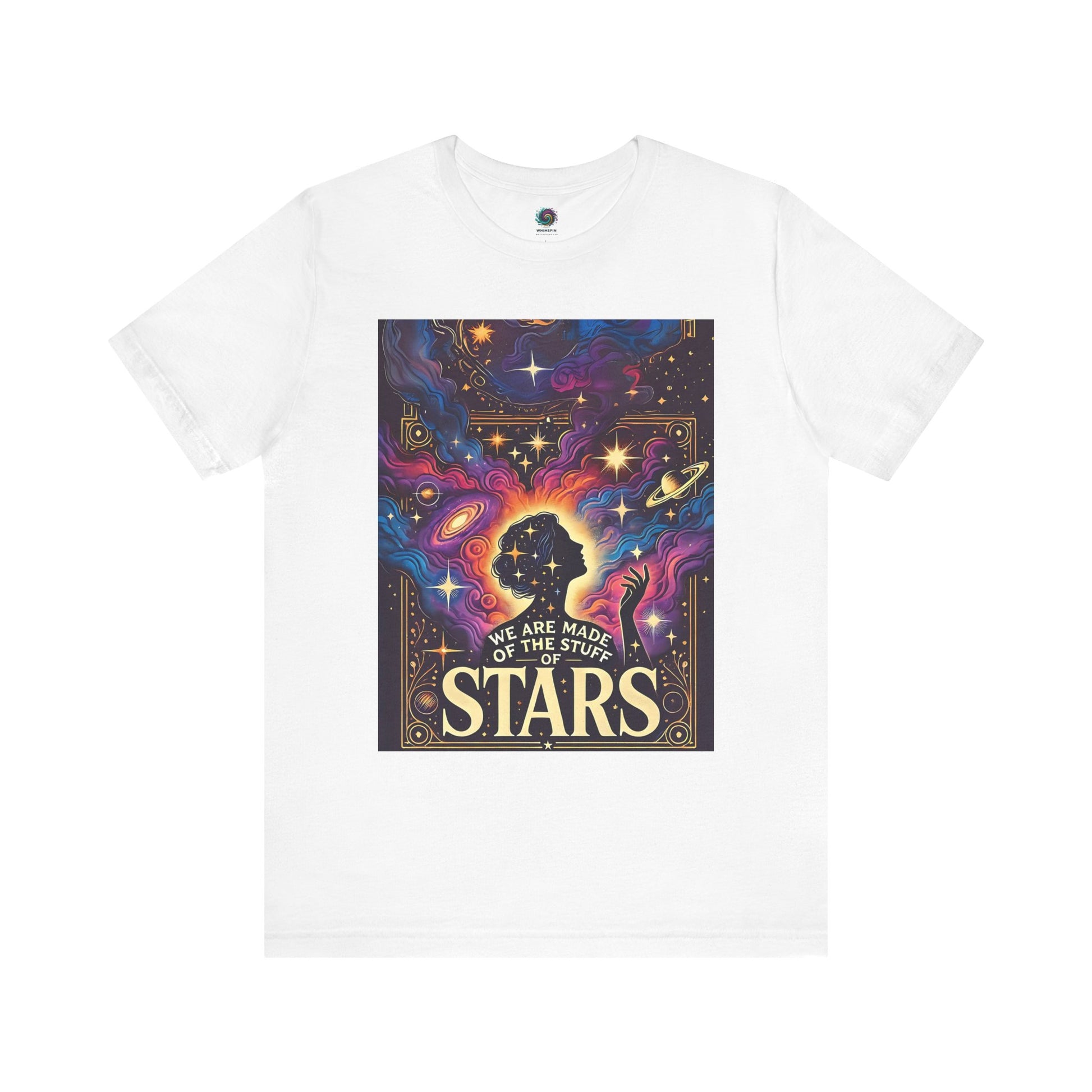 White cosmic tee with colorful galaxy art, feminine silhouette, and star-filled night sky — cosmic clothing with style