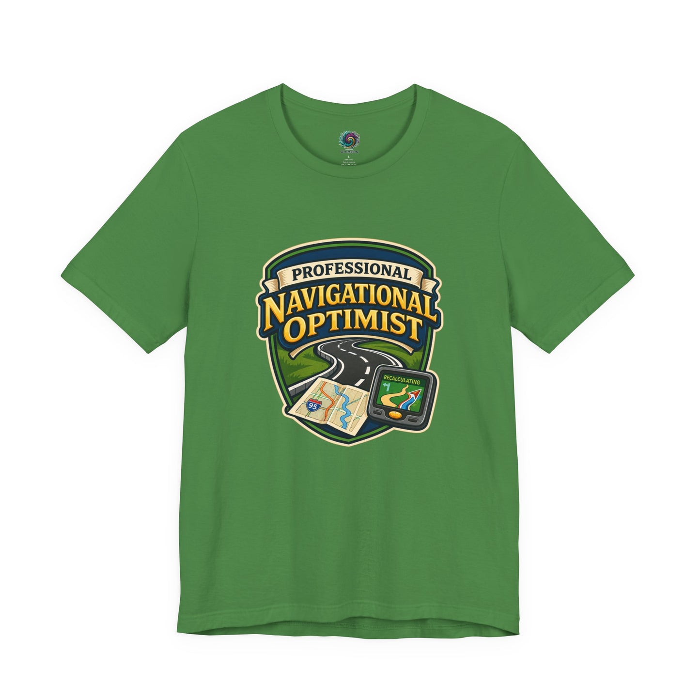 Leaf green Professional Navigation Optimist Tee with humorous GPS recalculating graphic and road-trip inspired artwork
