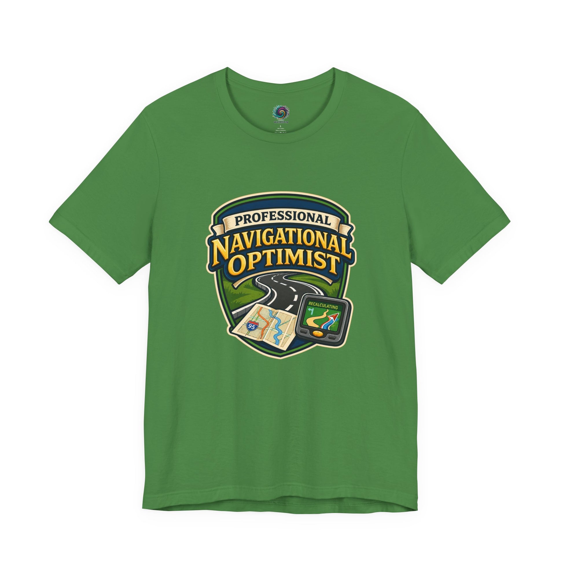 Leaf green Professional Navigation Optimist Tee with humorous GPS recalculating graphic and road-trip inspired artwork