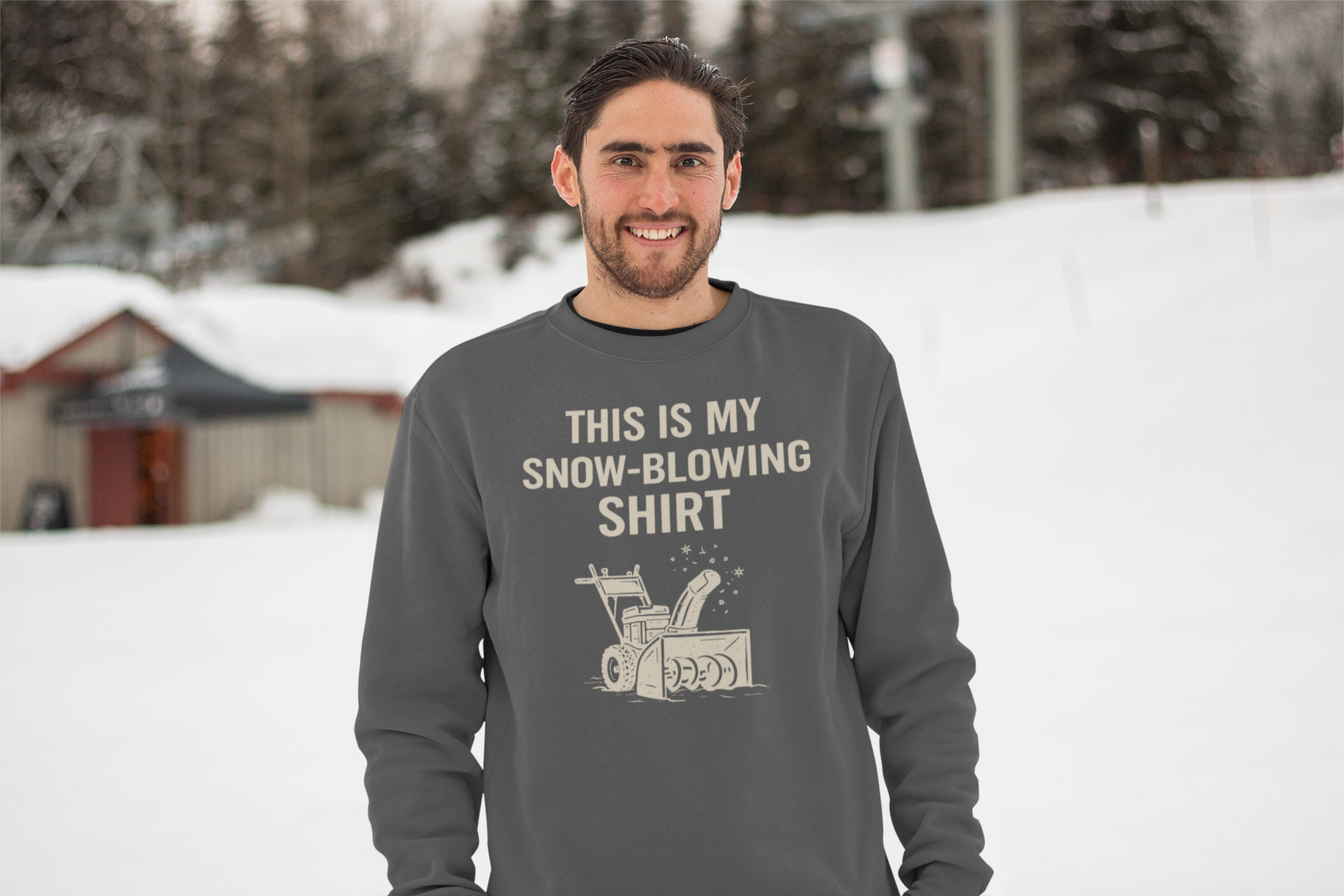 This Is My Snow-Blowing Shirt – Funny Winter Chore Sweatshirt featured in a cold outdoor setting, designed for snow blowing days and winter weather laughs.