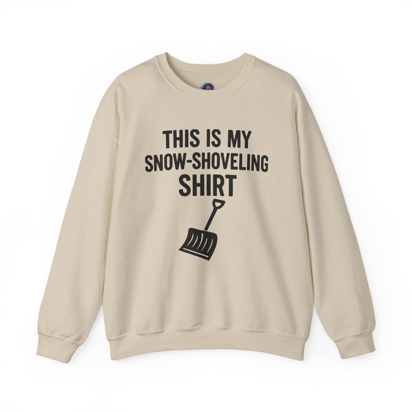 This Is My Snow-Shoveling Shirt – Funny Winter Chore Sweatshirt displayed in sand layflat for cozy winter weather wear