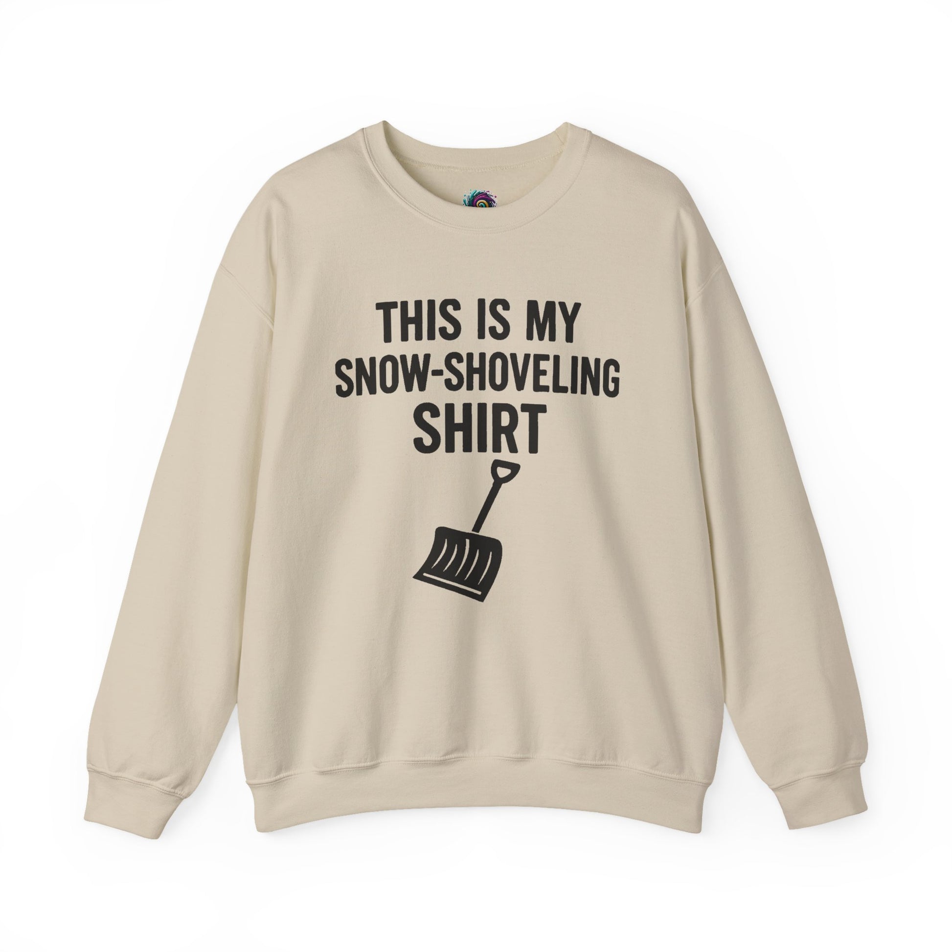 This Is My Snow-Shoveling Shirt – Funny Winter Chore Sweatshirt displayed in sand layflat for cozy winter weather wear