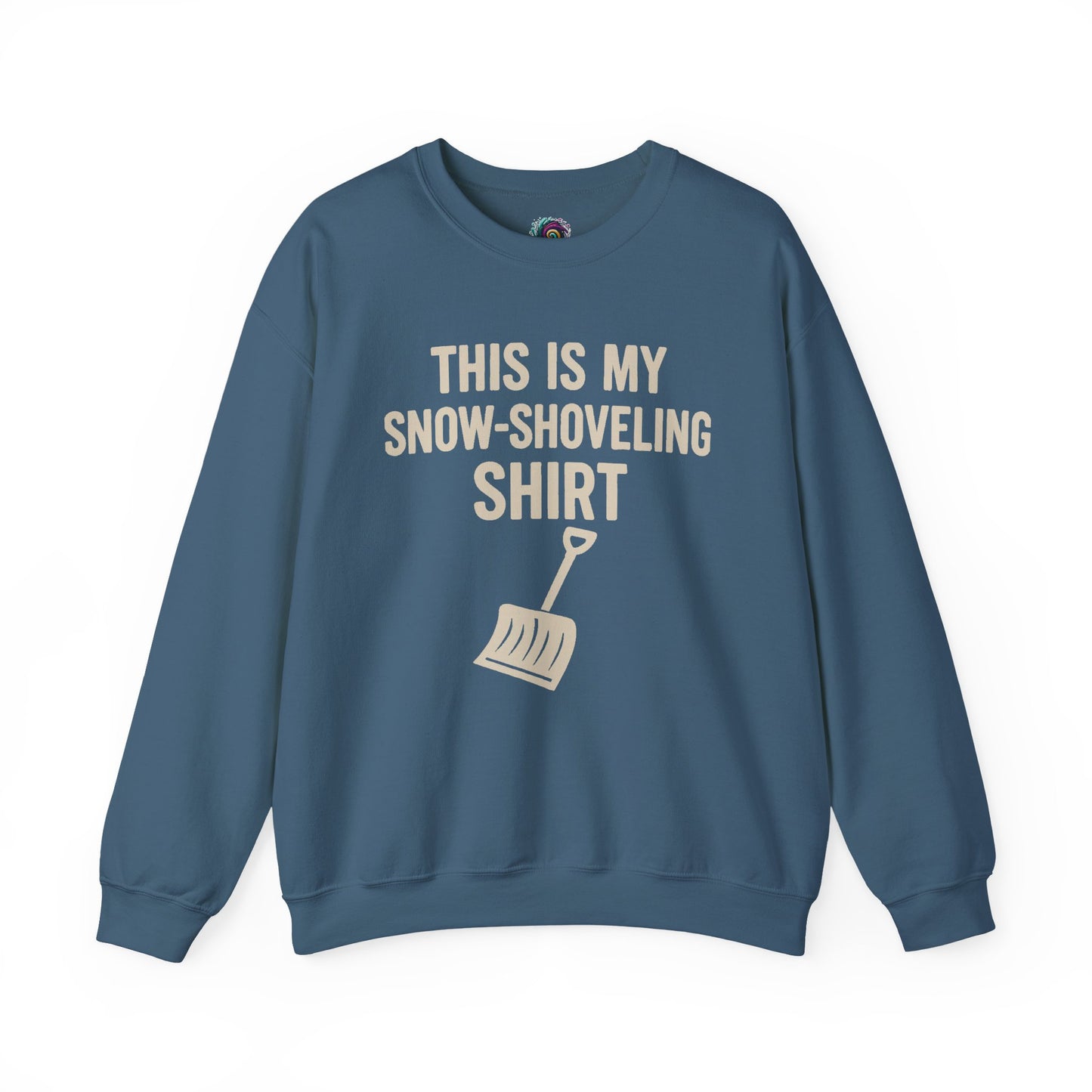 This Is My Snow-Shoveling Shirt – Funny Winter Chore Sweatshirt shown in indigo blue layflat with winter-ready design
