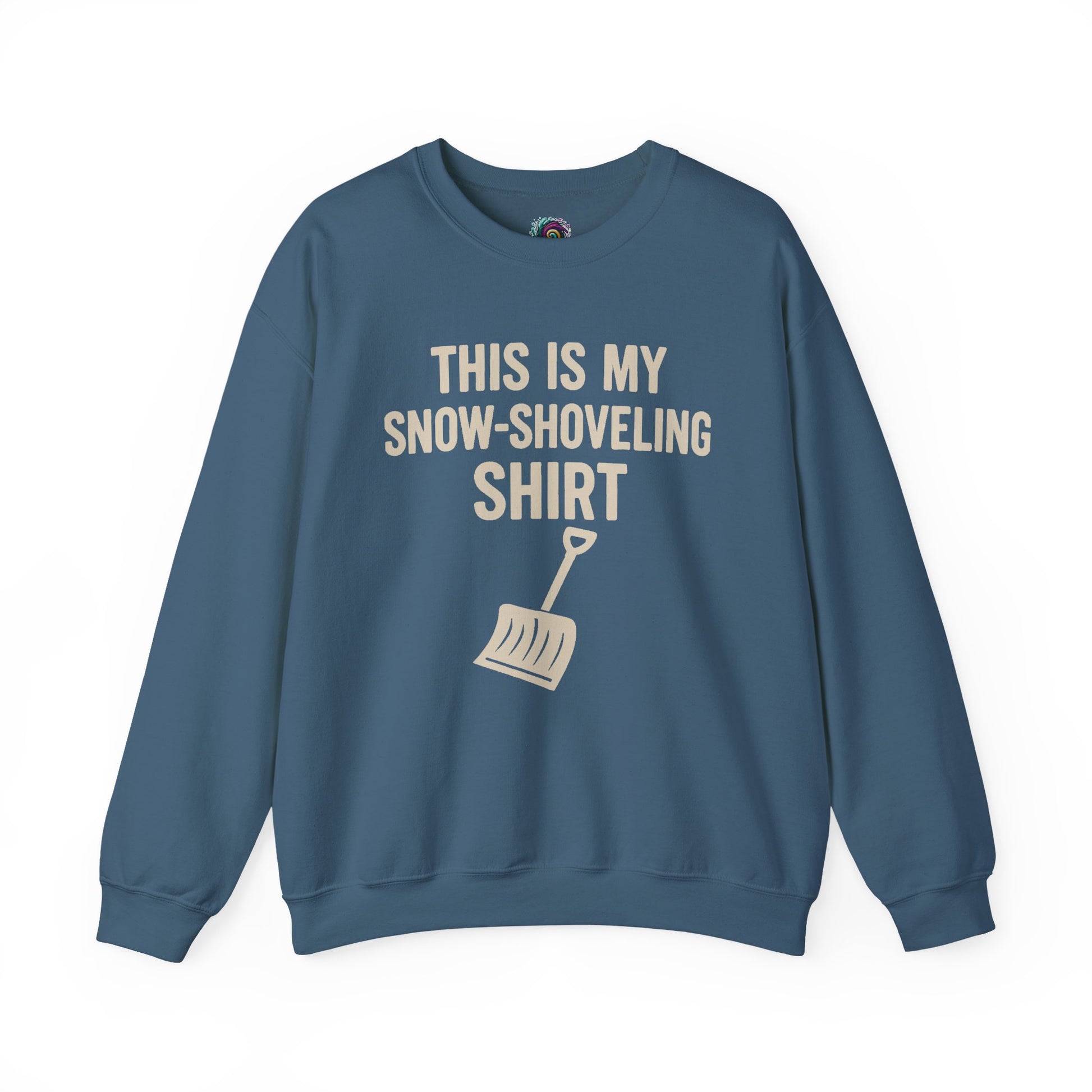 This Is My Snow-Shoveling Shirt – Funny Winter Chore Sweatshirt shown in indigo blue layflat with winter-ready design