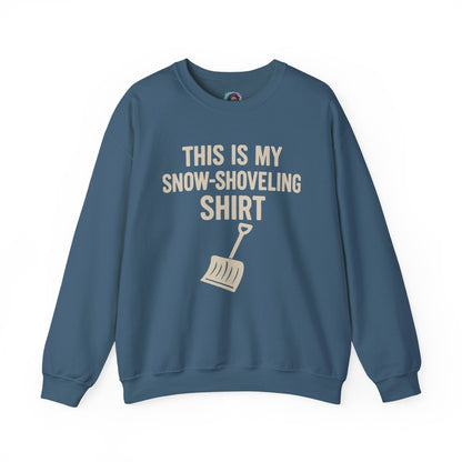 This Is My Snow-Shoveling Shirt – Funny Winter Chore Sweatshirt shown in indigo blue layflat with winter-ready design
