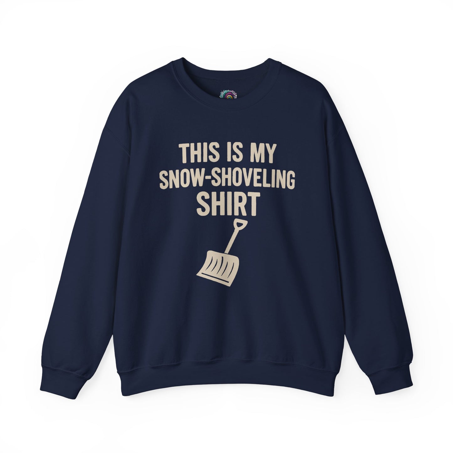 This Is My Snow-Shoveling Shirt – Funny Winter Chore Sweatshirt displayed in navy layflat with clear snow shovel graphic