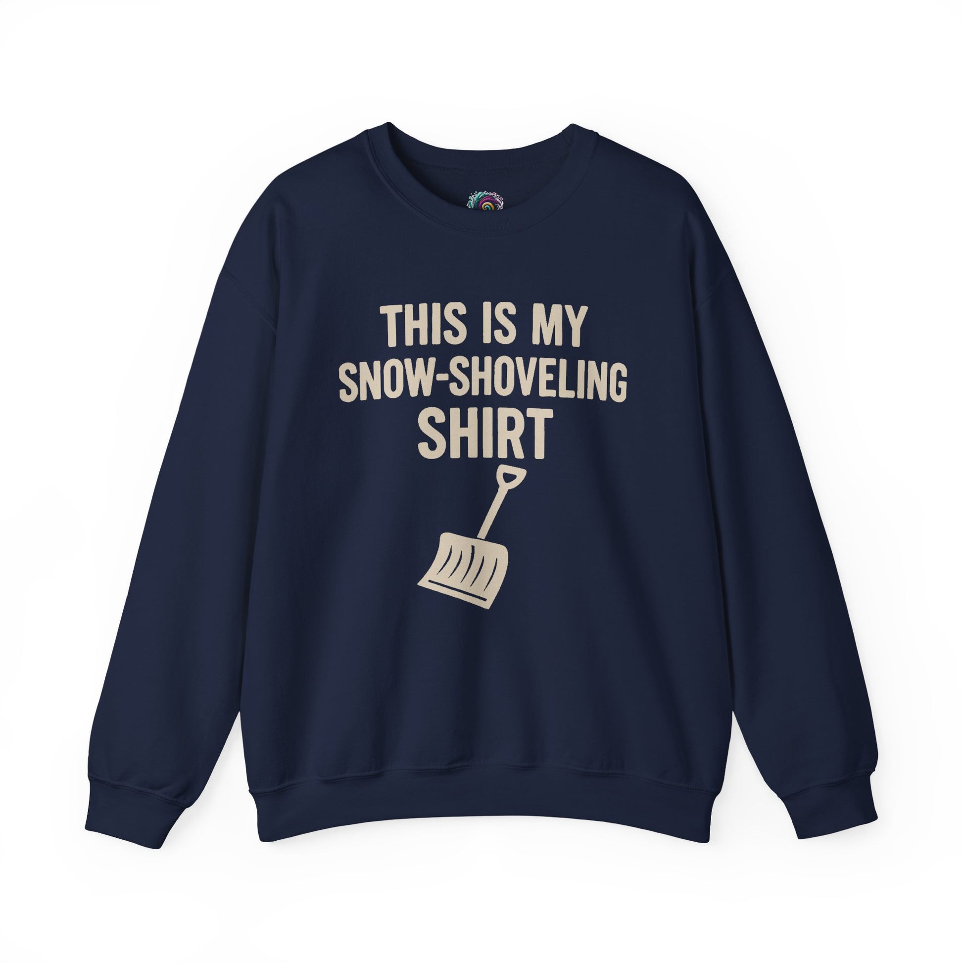 This Is My Snow-Shoveling Shirt – Funny Winter Chore Sweatshirt displayed in navy layflat with clear snow shovel graphic