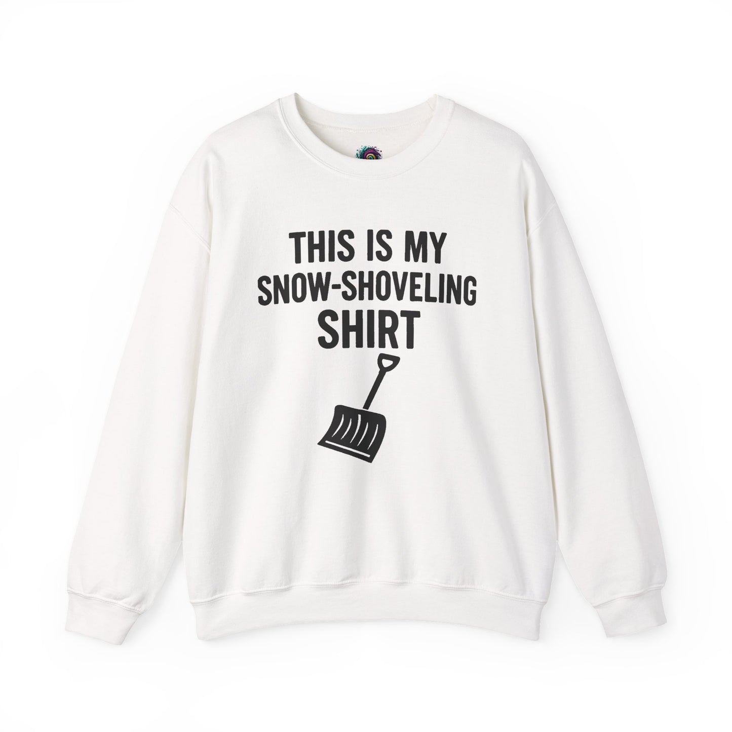This Is My Snow-Shoveling Shirt – Funny Winter Chore Sweatshirt displayed in white layflat, showcasing the snow shovel graphic clearly