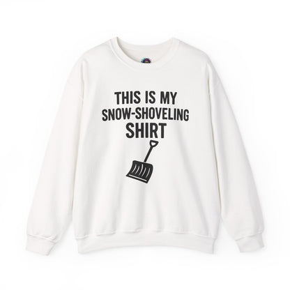 This Is My Snow-Shoveling Shirt – Funny Winter Chore Sweatshirt displayed in white layflat, showcasing the snow shovel graphic clearly