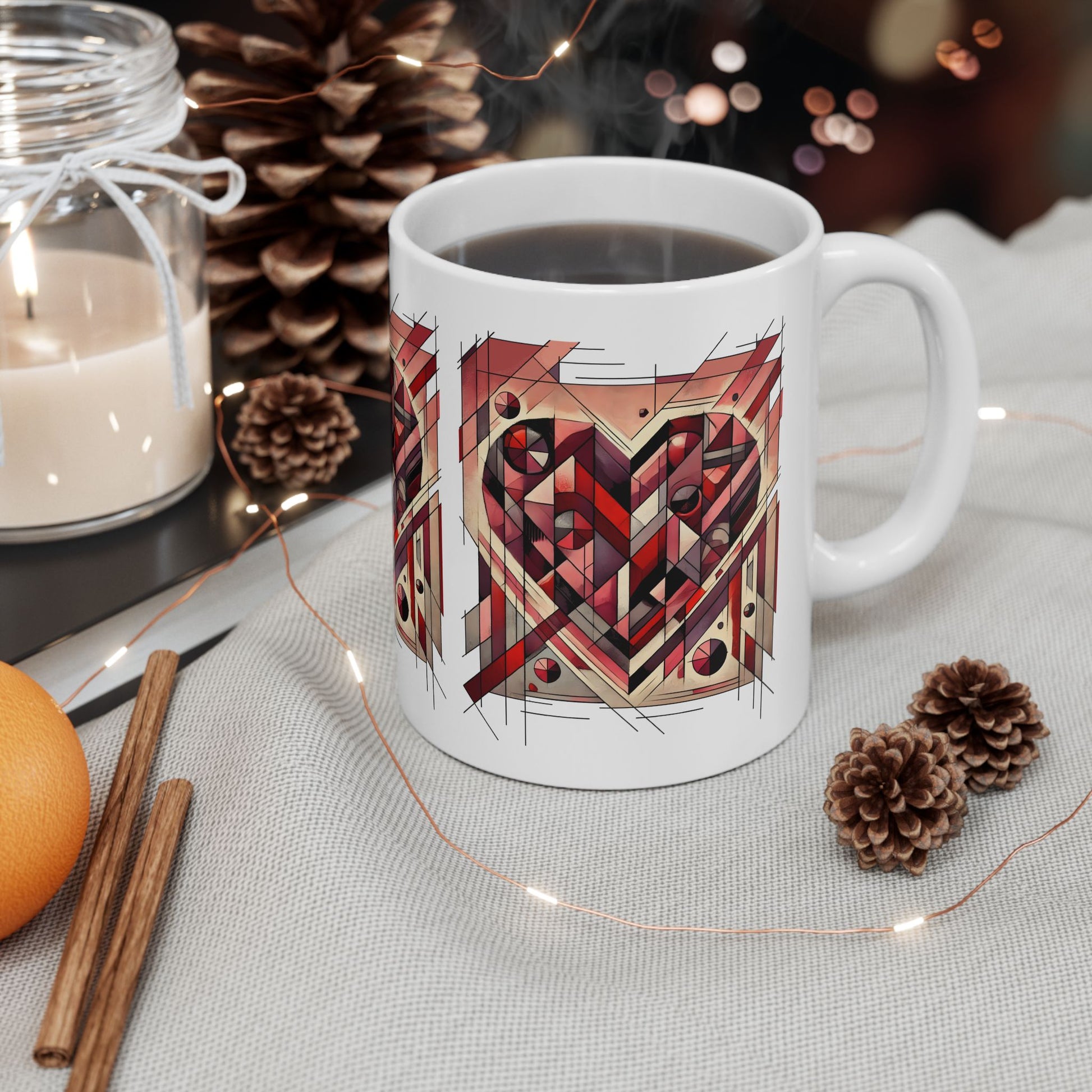 Cubist Heart Mug – Modern Art Valentine's Day Ceramic Coffee Cup (11oz/15oz) styled with candles and pinecones, emphasizing a cubist heart design that blends cozy seasonal vibes with modern art.