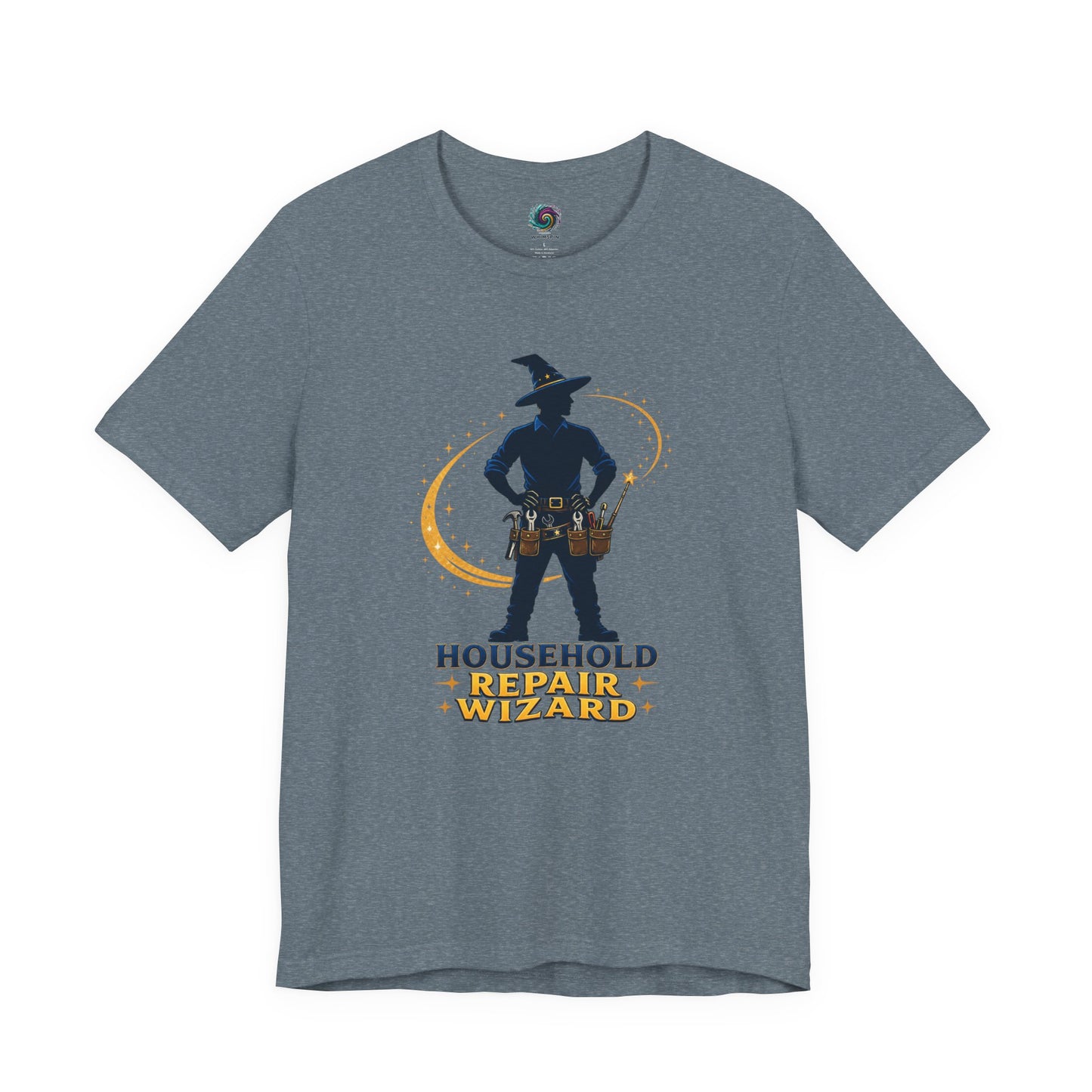 Heather Slate Household Repair Wizard T-Shirt with clever fantasy home repair graphic for dads who love fixing things