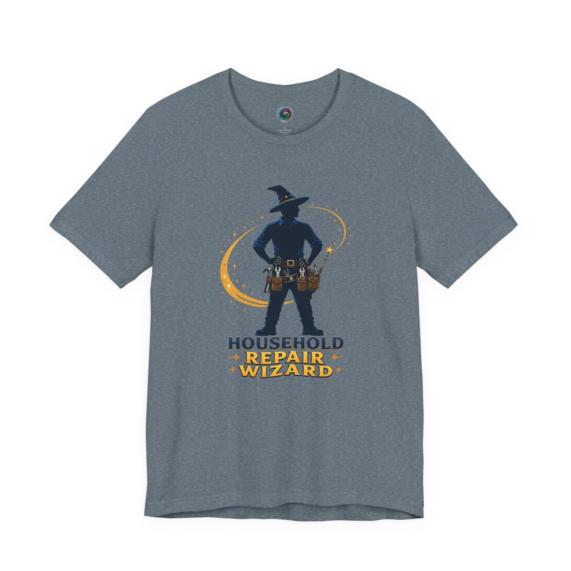 Heather Slate Household Repair Wizard T-Shirt with clever fantasy home repair graphic for dads who love fixing things