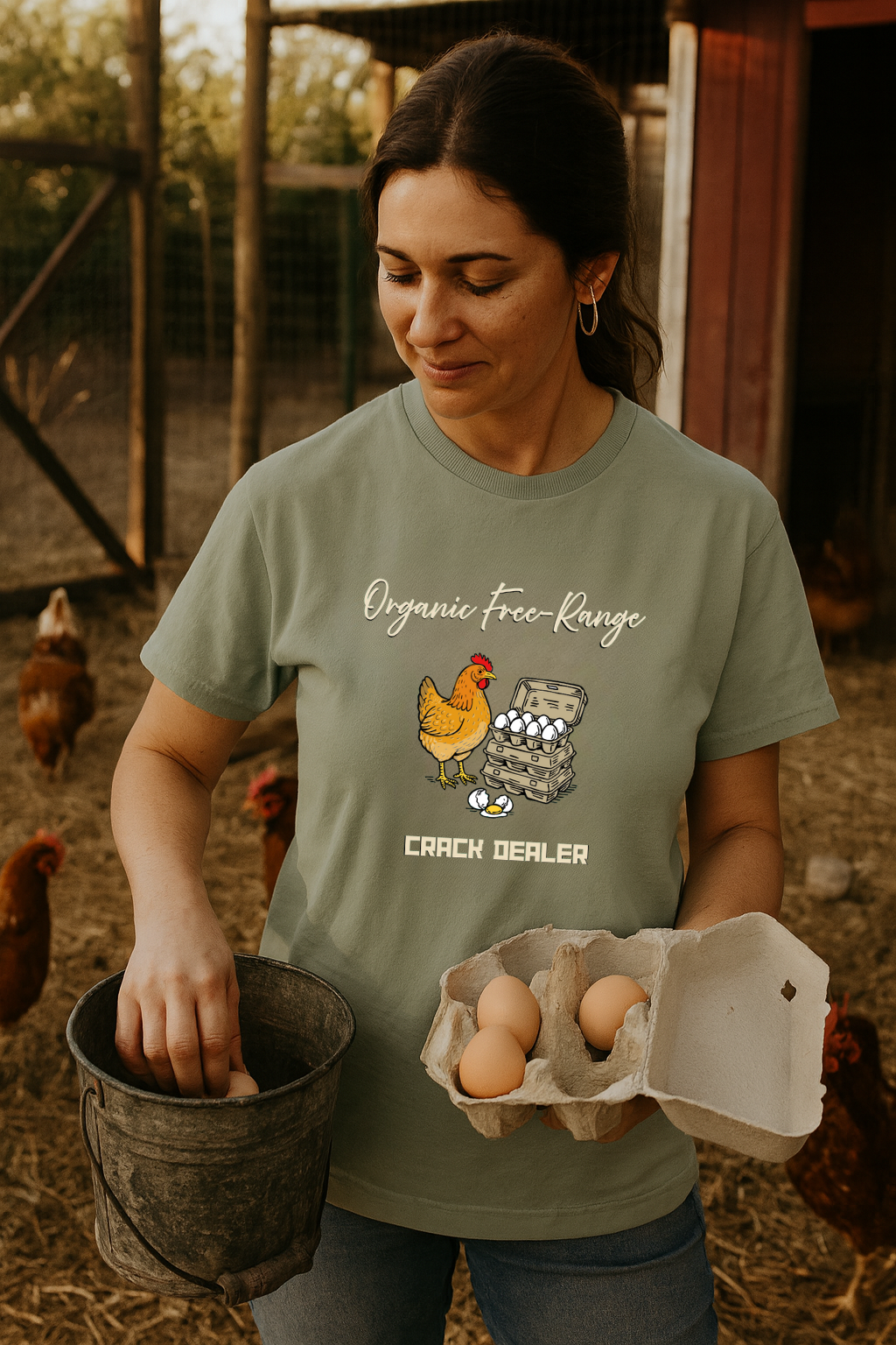 Image of a woman collecting fresh eggs while wearing the Funny Egg Dealer Chicken Shirt – Farm Humor for Chicken Moms, featuring a cartoon hen, egg cartons, and playful farm humor text in a chicken yard setting.