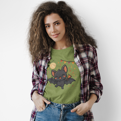 Woman standing indoors wearing the Chibi Bat T-Shirt – Cute Bat Chibi Halloween Shirt for All Ages in military green, styled with a plaid shirt and showing a playful chibi bat surrounded by party decorations.