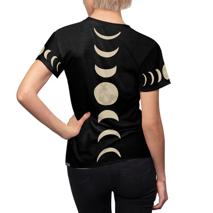 Rear view of the Moon Phases T-Shirt – Pagan Moons Shirt for Mystical Night Style in black all-over print, featuring vertical lunar phases down the spine and crescent designs on sleeves