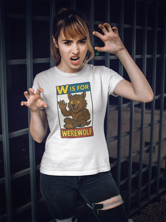 W is for Werewolf T-Shirtlifestyle image -  Woman making werewolf claws while wearing the W is for Werewolf T-Shirt in white from the Monster Alphabet collection