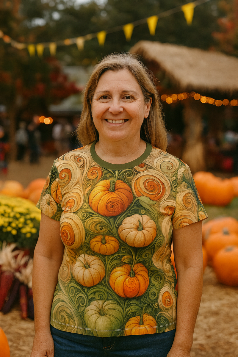 Pumpkin Swirl All-Over Print Women’s T-Shirt – Fall Art Tee featuring elegant swirly pumpkins in shades of orange, gold, and green, worn by a smiling woman surrounded by autumn pumpkins and festive decor.