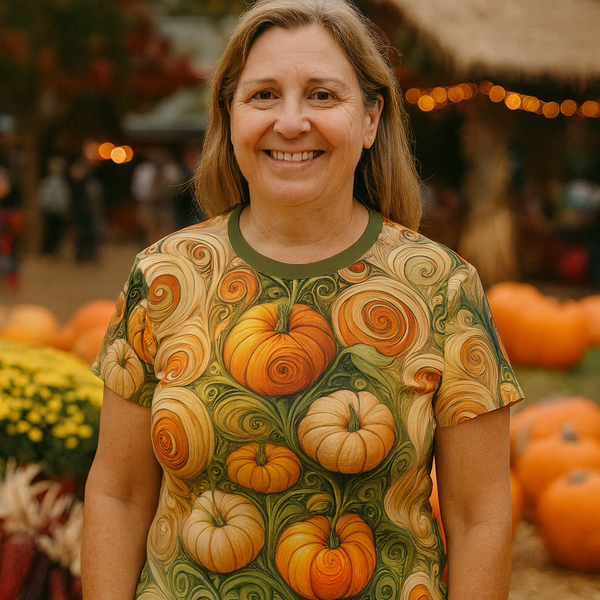 Pumpkin Swirl All-Over Print Women’s T-Shirt – Fall Art Tee featuring elegant swirly pumpkins in shades of orange, gold, and green, worn by a smiling woman surrounded by autumn pumpkins and festive decor.