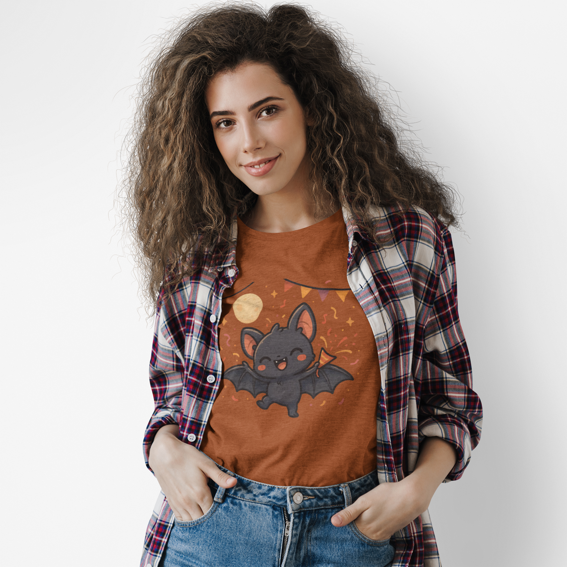 Smiling woman lounging on dry autumn leaves wearing the Chibi Bat T-Shirt – Cute Bat Chibi Halloween Shirt for All Ages in rust with a celebratory cartoon bat, yellow moon, and floating music notes.