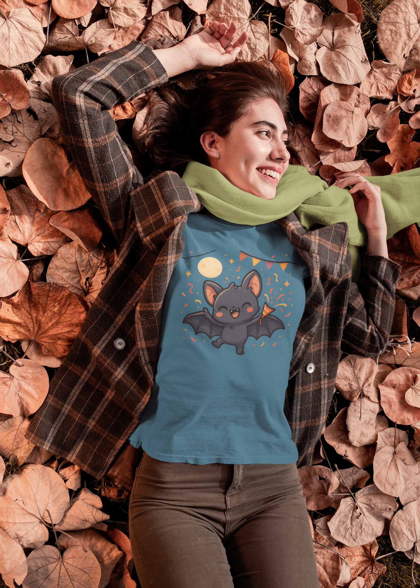 Woman lying on fall leaves with a green scarf and smiling in the Chibi Bat T-Shirt – Cute Bat Chibi Halloween Shirt for All Ages in deep teal, decorated with a happy bat and festive Halloween elements.