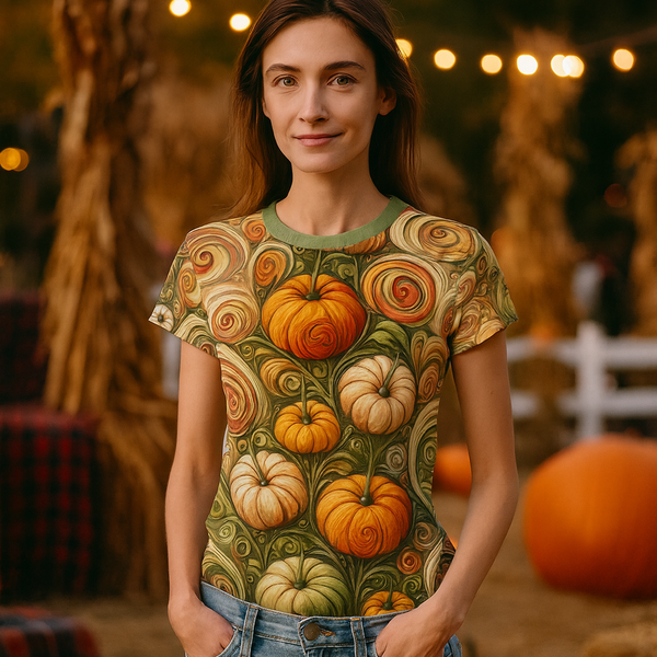 Pumpkin Swirl All-Over Print Women’s T-Shirt – Fall Art Tee with swirling orange and cream pumpkins, worn by a woman enjoying a cozy evening at a harvest festival with twinkling lights in the background.
