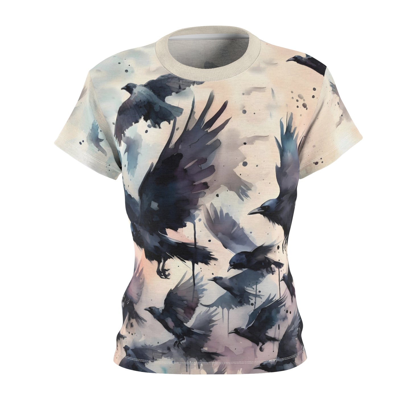 Gothic Crow T-Shirt – Women’s Watercolor Bird Tee, T-shirt with black crow design in a watercolor style on a white background