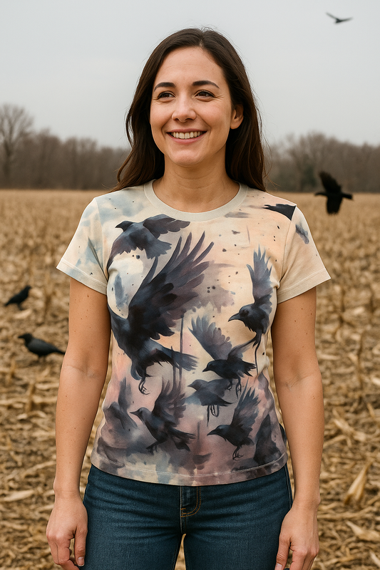 Gothic Crow T-Shirt – Women’s Watercolor Bird Tee a woman stand in a harvested corn field wearing an all over print shirt with a flock of cows on it, 