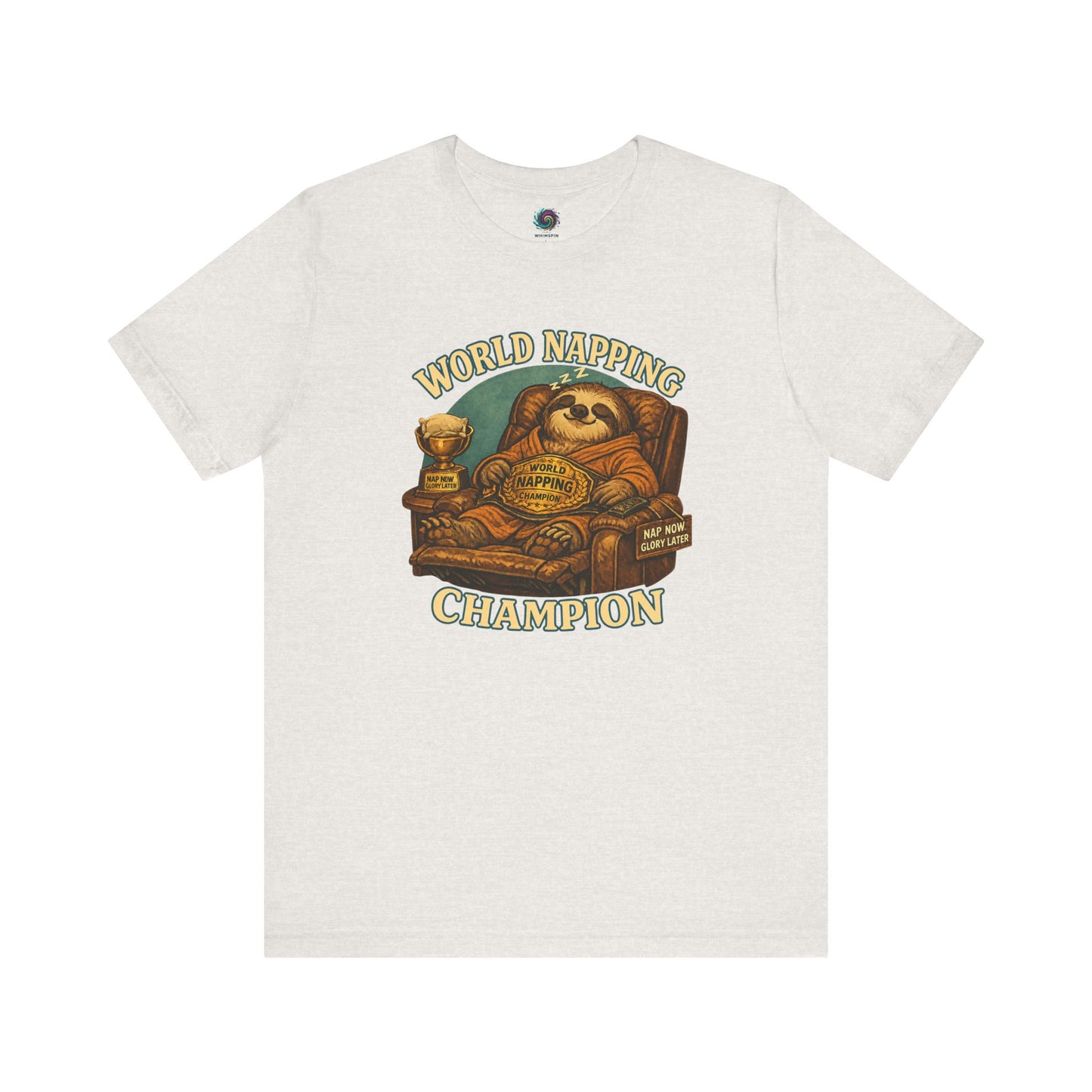 Heather Cement World Napping Champion T-Shirt featuring detailed sloth recliner artwork and playful vintage typography