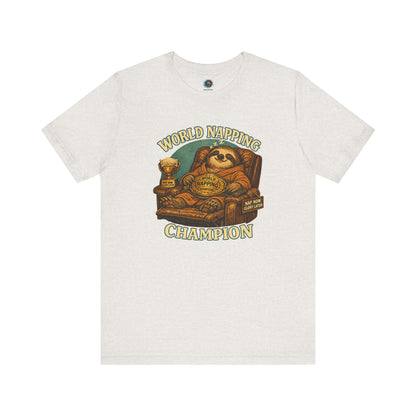Heather Cement World Napping Champion T-Shirt featuring detailed sloth recliner artwork and playful vintage typography