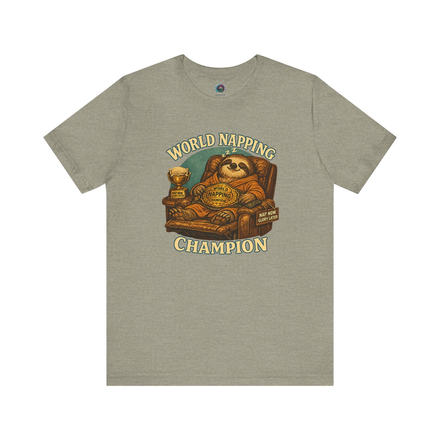 Heather Stone World Napping Champion T-Shirt featuring humorous sleepy sloth artwork with championship belt