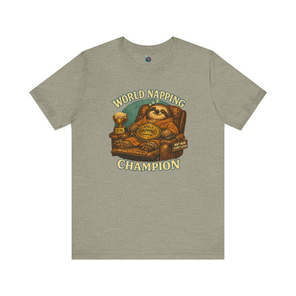 Heather Stone World Napping Champion T-Shirt featuring humorous sleepy sloth artwork with championship belt