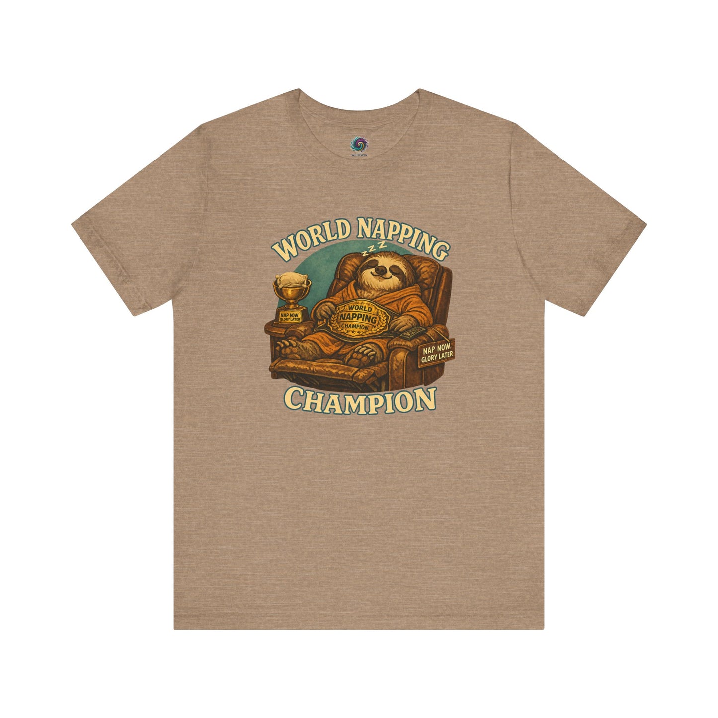World Napping Champion T-Shirt in Heather Tan featuring a sleepy sloth lounging in a recliner beside a trophy and championship belt