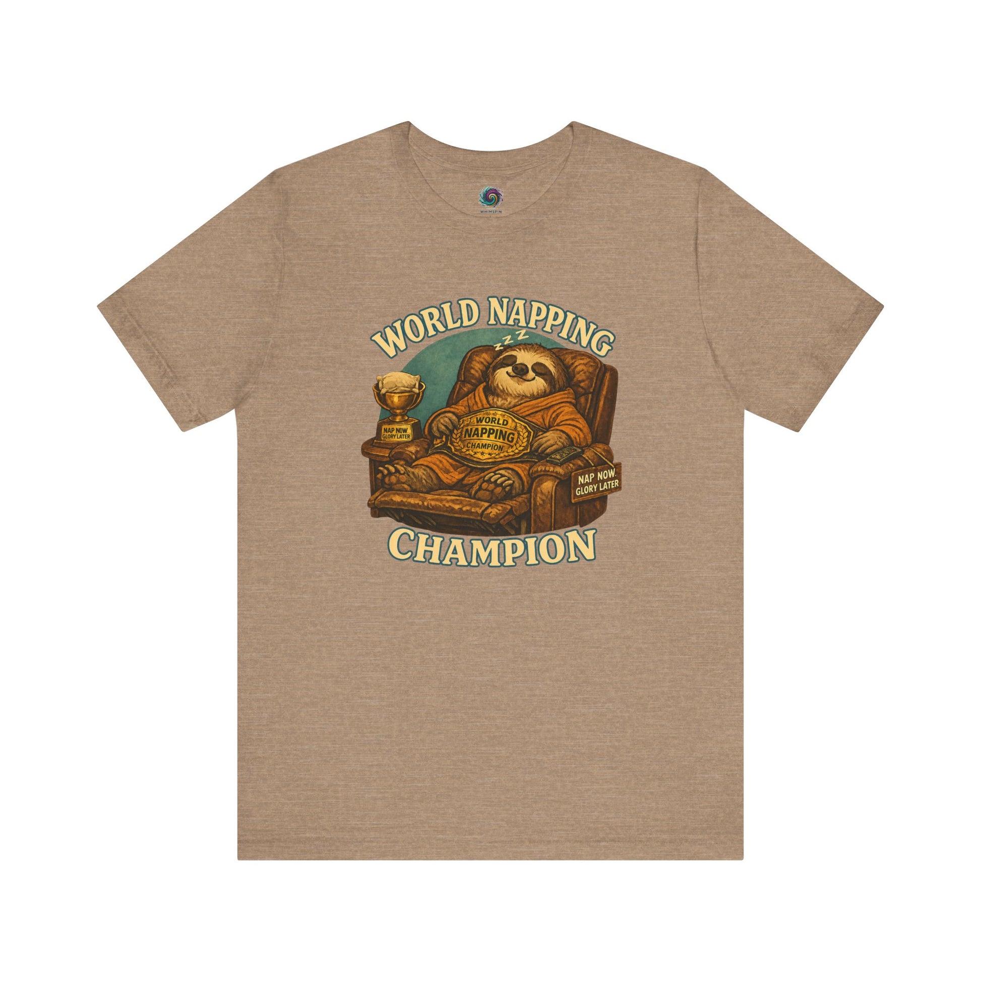 World Napping Champion T-Shirt in Heather Tan featuring a sleepy sloth lounging in a recliner beside a trophy and championship belt