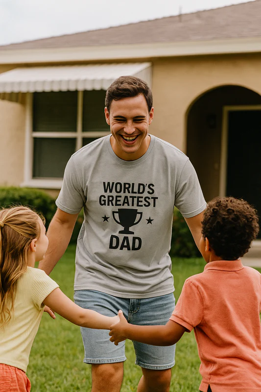 World's Greatest Dad T-Shirt – Trophy Graphic Father's Day Gift Tee in grey, worn by a man playing outside with children, celebrating proud fatherhood.