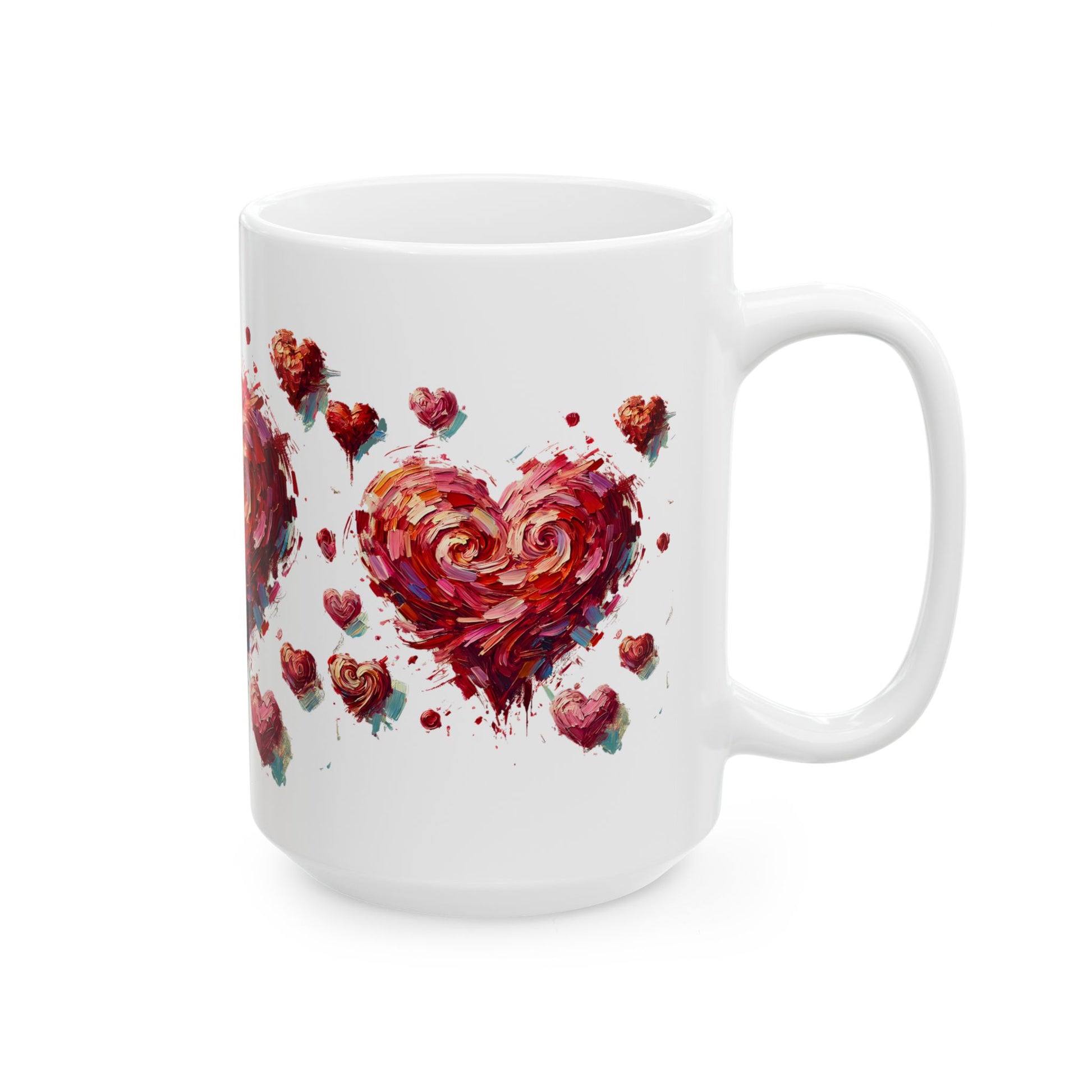 Impressionistic Heart Mug – Artistic Valentine's Day Coffee Cup 11oz & 15 oz in the 15oz size, focusing on the wraparound impressionistic heart pattern with expressive brushstrokes and romantic energy.