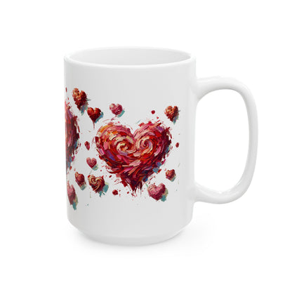 Impressionistic Heart Mug – Artistic Valentine's Day Coffee Cup 11oz & 15 oz in the 15oz size, focusing on the wraparound impressionistic heart pattern with expressive brushstrokes and romantic energy.