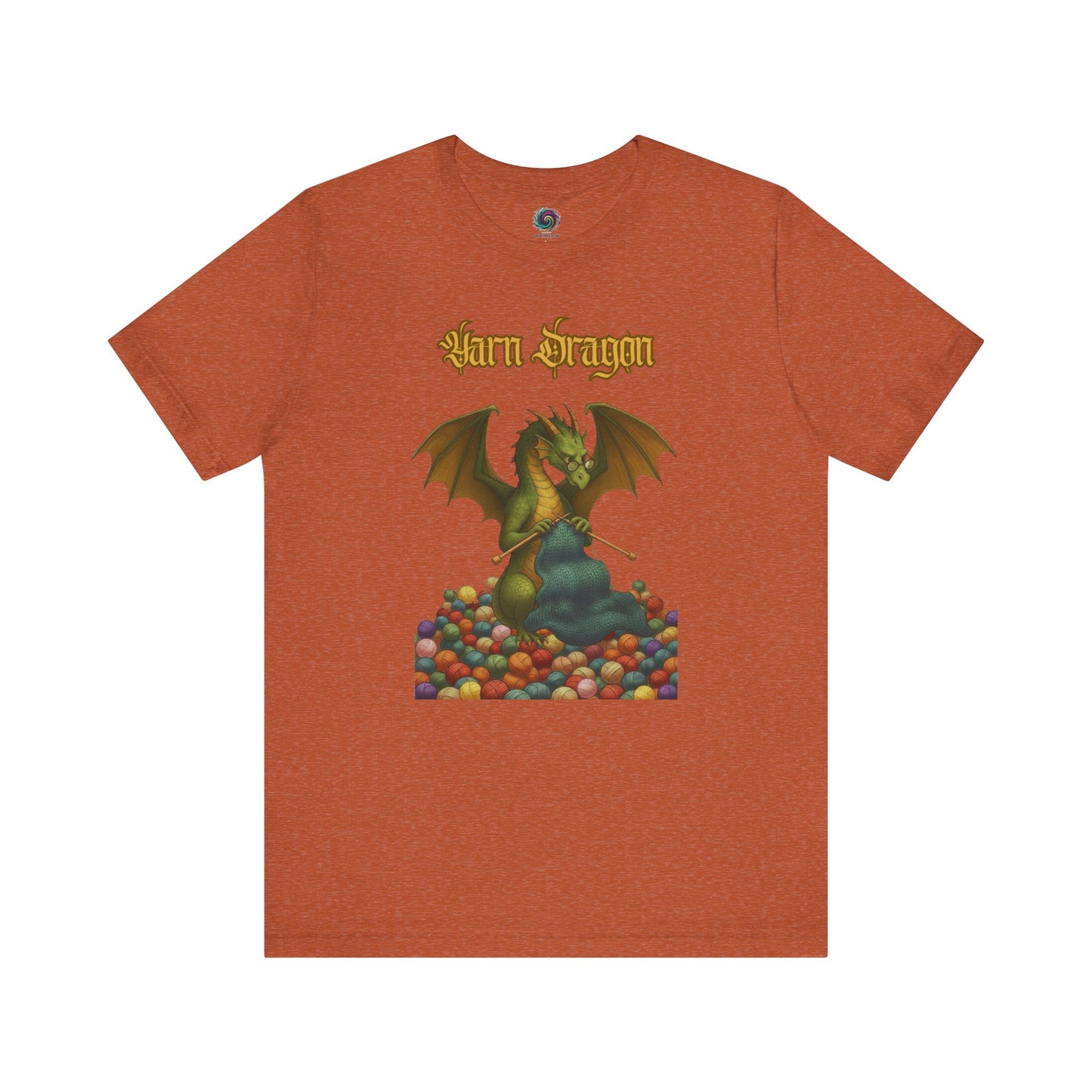 Yarn Dragon T-Shirt – Funny Knitting Dragon Shirt for Yarn Lovers in heather autumn showing warm-toned yarn stash and proud dragon.